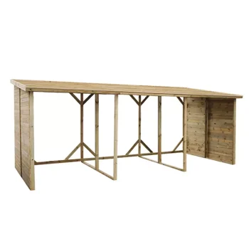 Abri-bûches XXL Ce rangement pour le bois dispose des dimensions suivantes : 5,20 m de longueur, 2,17 m de largeur et 2,06 m de hauteur. Caractéristiques Grâce à sa grande capacité, cet abri bûches permet de stocker une quantité importante de bois allant jusqu’à 18 m³. Pratique, vous pourrez ranger vos bûches de bois de différentes tailles en organisant cet abri de stockage comme bon vous semble. Divisé en 3 sections grâce à ses poteaux de maintien, vous pourrez envisager d’y ranger les petites bûches à gauche, les grandes au milieu et vos outils de travail tels que la hache à droite. En bois, cet abri bûches ajoute une touche naturelle à vos espaces extérieurs, son côté rustique apporte du charme à votre jardin ou votre cour extérieure. Vous pourrez positionner ce support pour bois de chauffage contre un mur, en effet, ce range bûches ne dispose ni de mur à l’arrière, ni de plancher, afin de garantir une ventilation optimale pour vos bûches de bois. Chauffage au bois ou cheminée, profitez de votre bois à disposition et au sec grâce à notre abri bûches XXL. Avantages Capacité généreuse de 15 stères, permettant de stocker jusqu’à 18 m³ de bois. Organisation flexible avec trois sections pour les bûches et les outils. Construction en bois ajoutant une touche naturelle et rustique à votre espace extérieur. Absence de mur arrière et de plancher pour une ventilation optimale des bûches. Personnalisable à l’infini : possibilité de peindre selon vos préférences avec de la peinture spéciale bois.