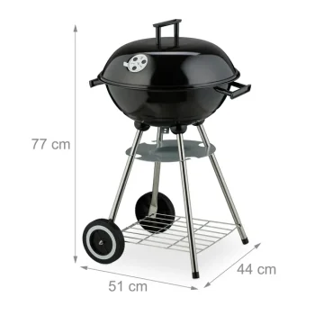 Relaxdays Barbecue charbon de bois, 2 roulettes, BBQ, coupelle cendrier, H x L x P : 77 x 44 x 51 cm, noir et argenté