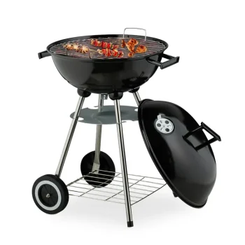 Relaxdays Barbecue charbon de bois, 2 roulettes, BBQ, coupelle cendrier, H x L x P : 77 x 44 x 51 cm, noir et argenté